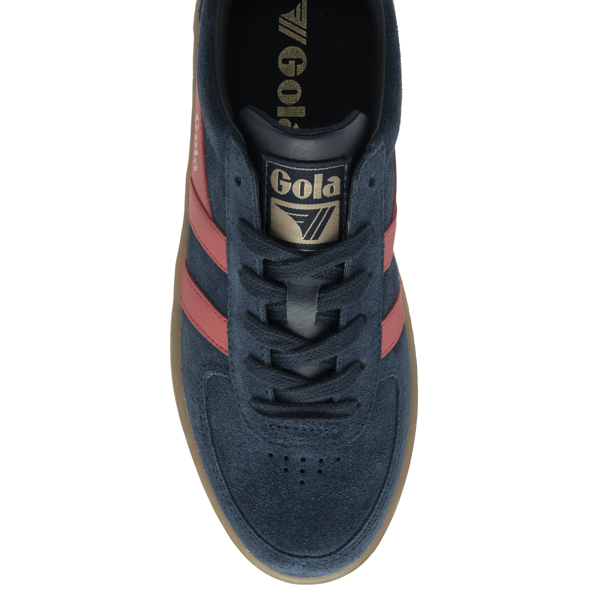 A single Gola men's sneaker in navy and red, shown from above.
