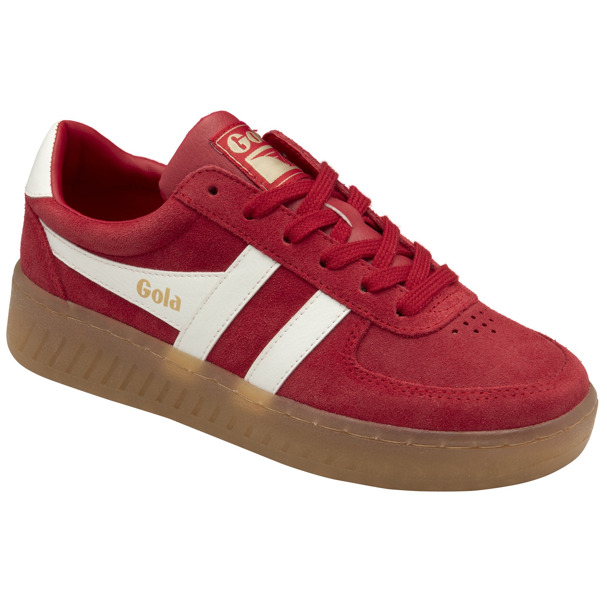 A single red Gola sneaker with white stripes and a gum sole, viewed from a slight angle.