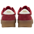 The back view of two red Gola sneakers with white heel tabs and gum soles.