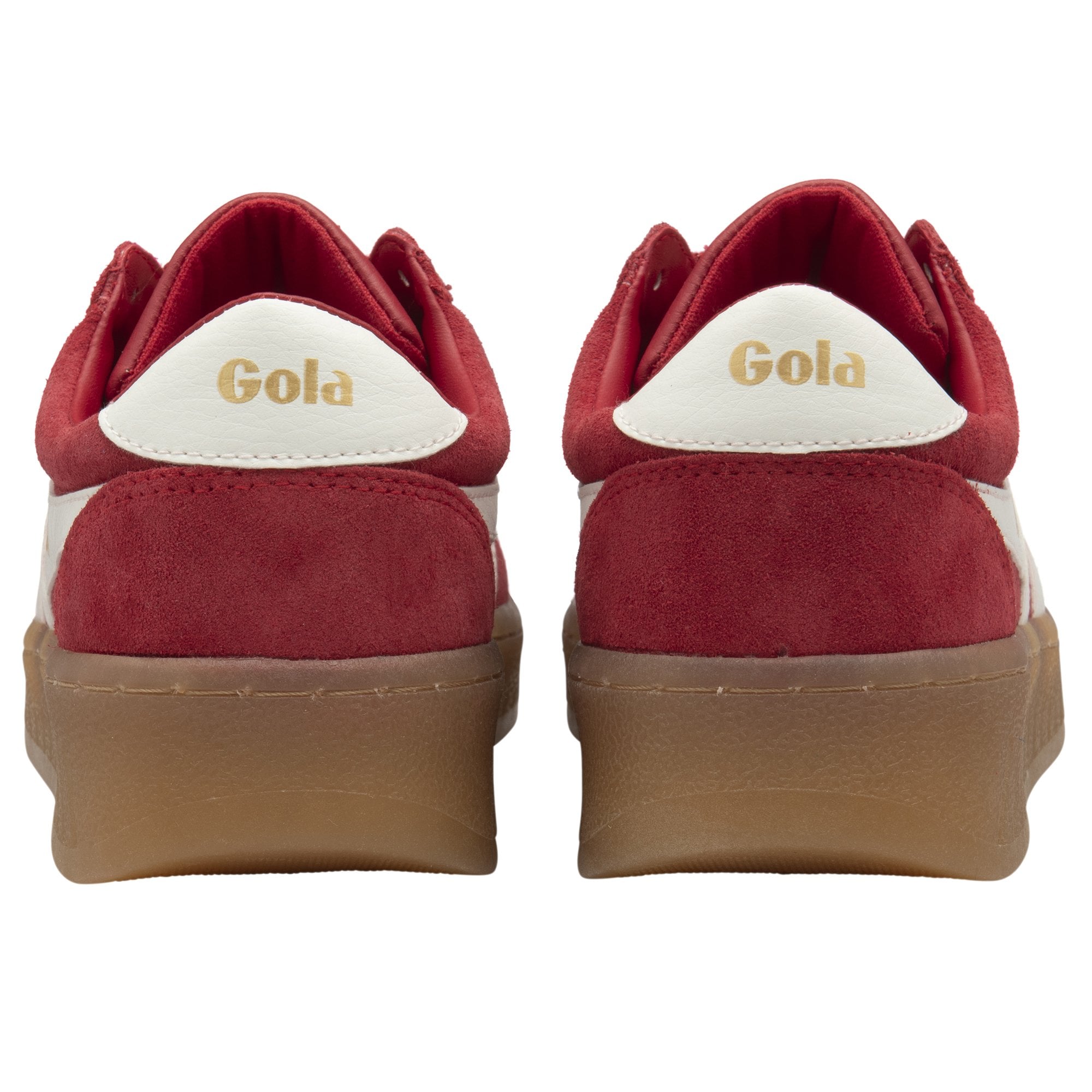 The back view of two red Gola sneakers with white heel tabs and gum soles.