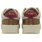 Rear view of two Gola sneakers showcasing red and bronze heel accents.