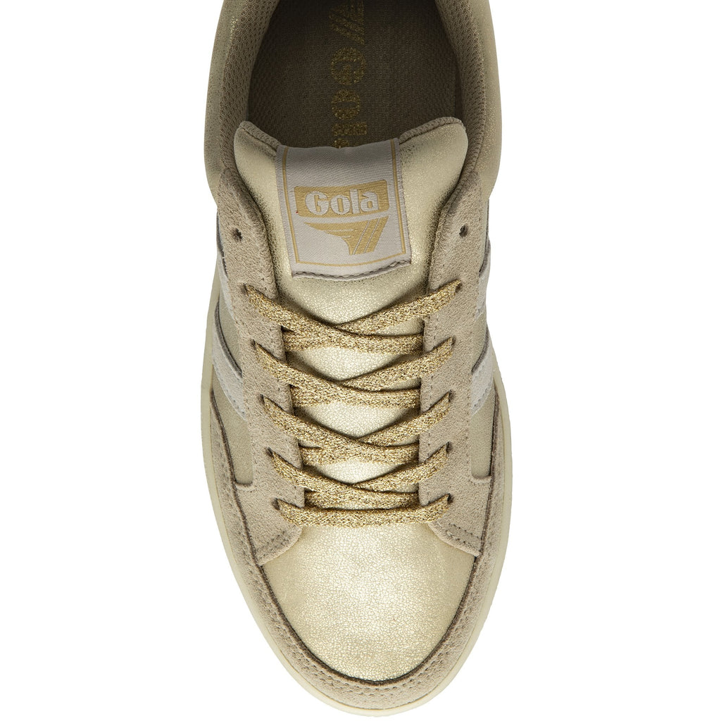 Top-down view of a gold metallic and beige Gola sneaker with matching laces.