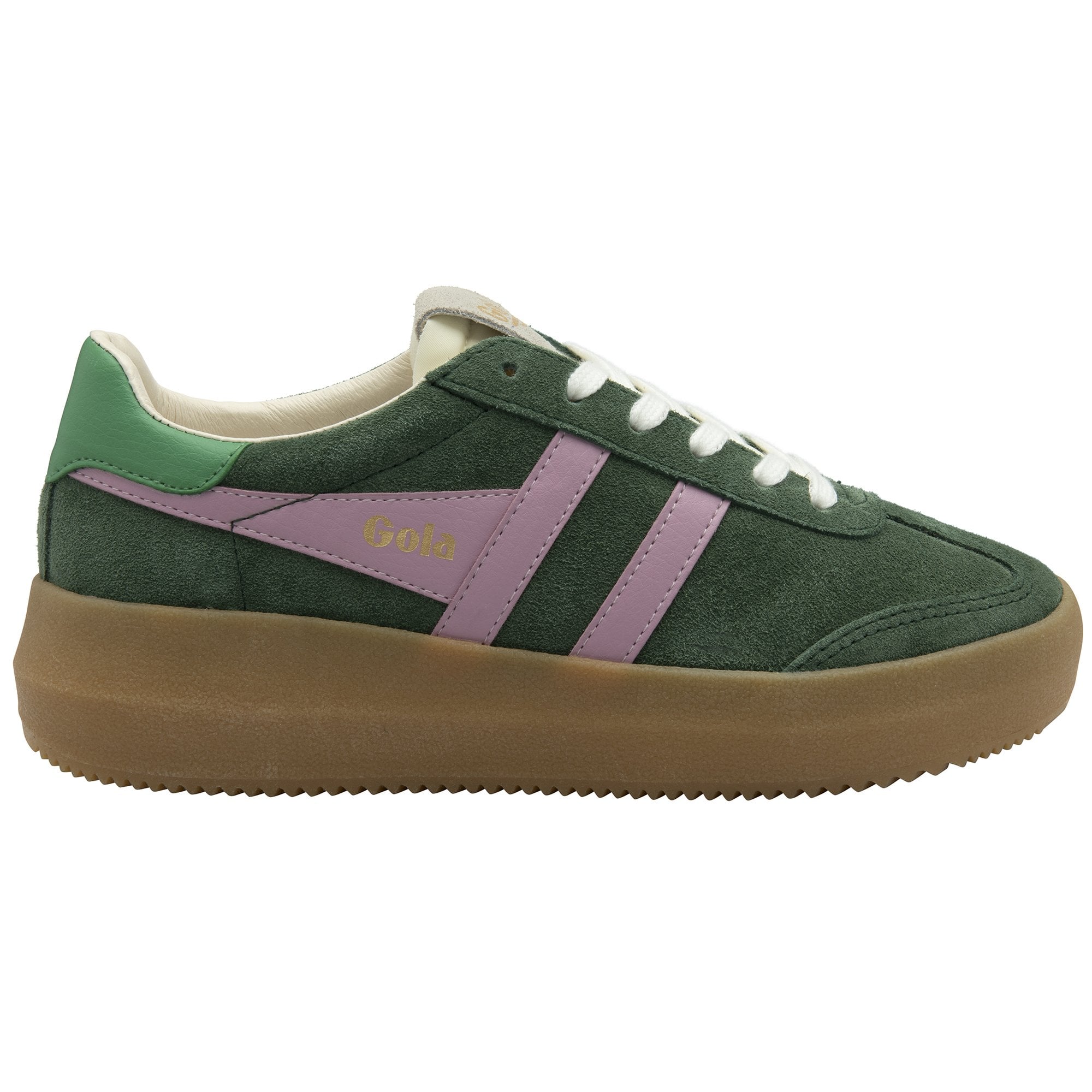Side view of a green and pink sneaker with a thick brown sole.