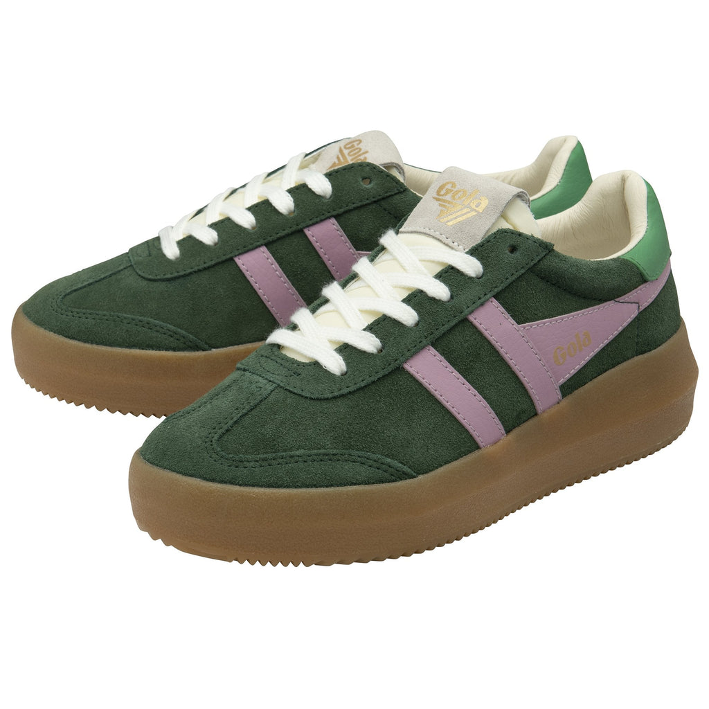 Pair of green and pink sneakers with thick brown soles, angled view.