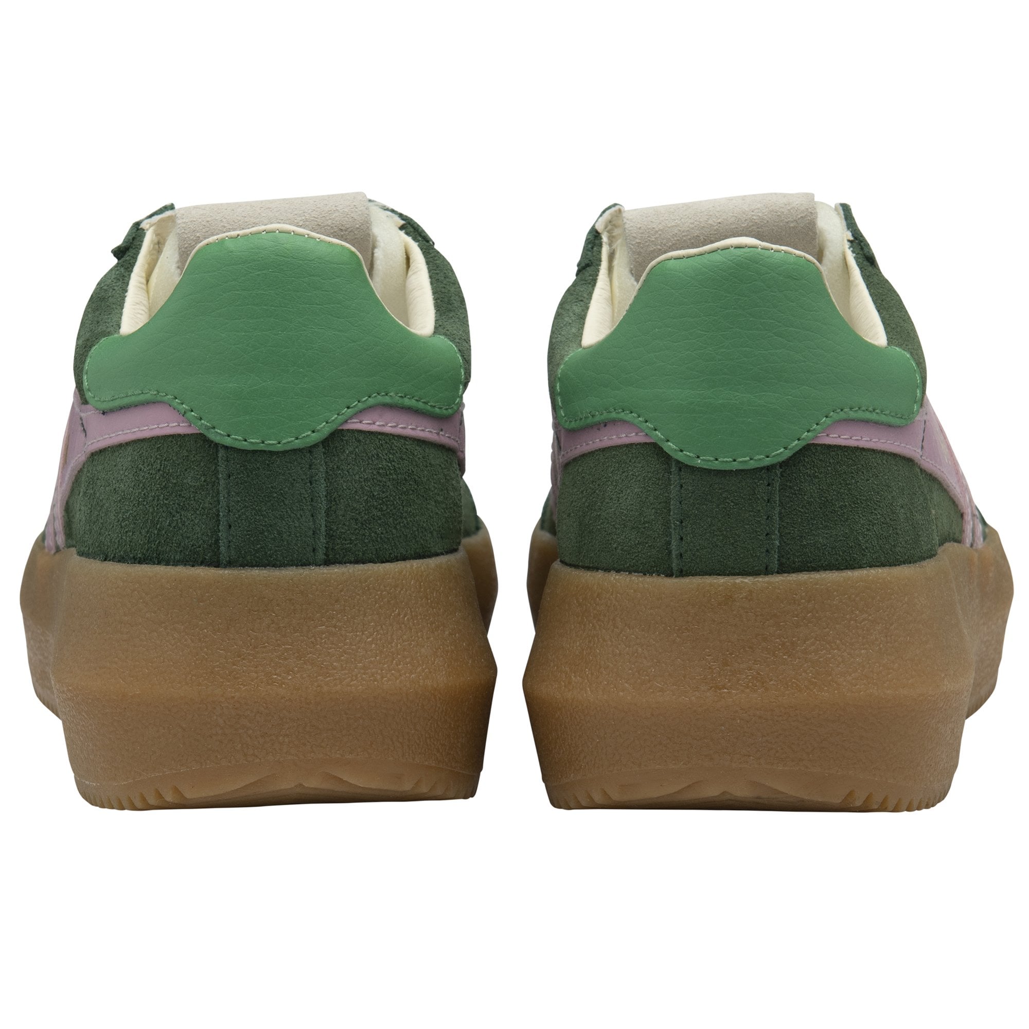 Back view of a pair of green and pink sneakers with thick brown soles.