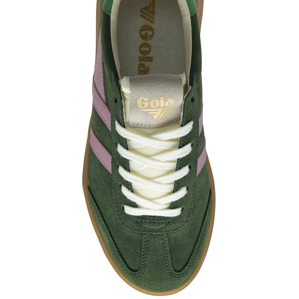 Top down view of a green and pink sneaker with white laces.