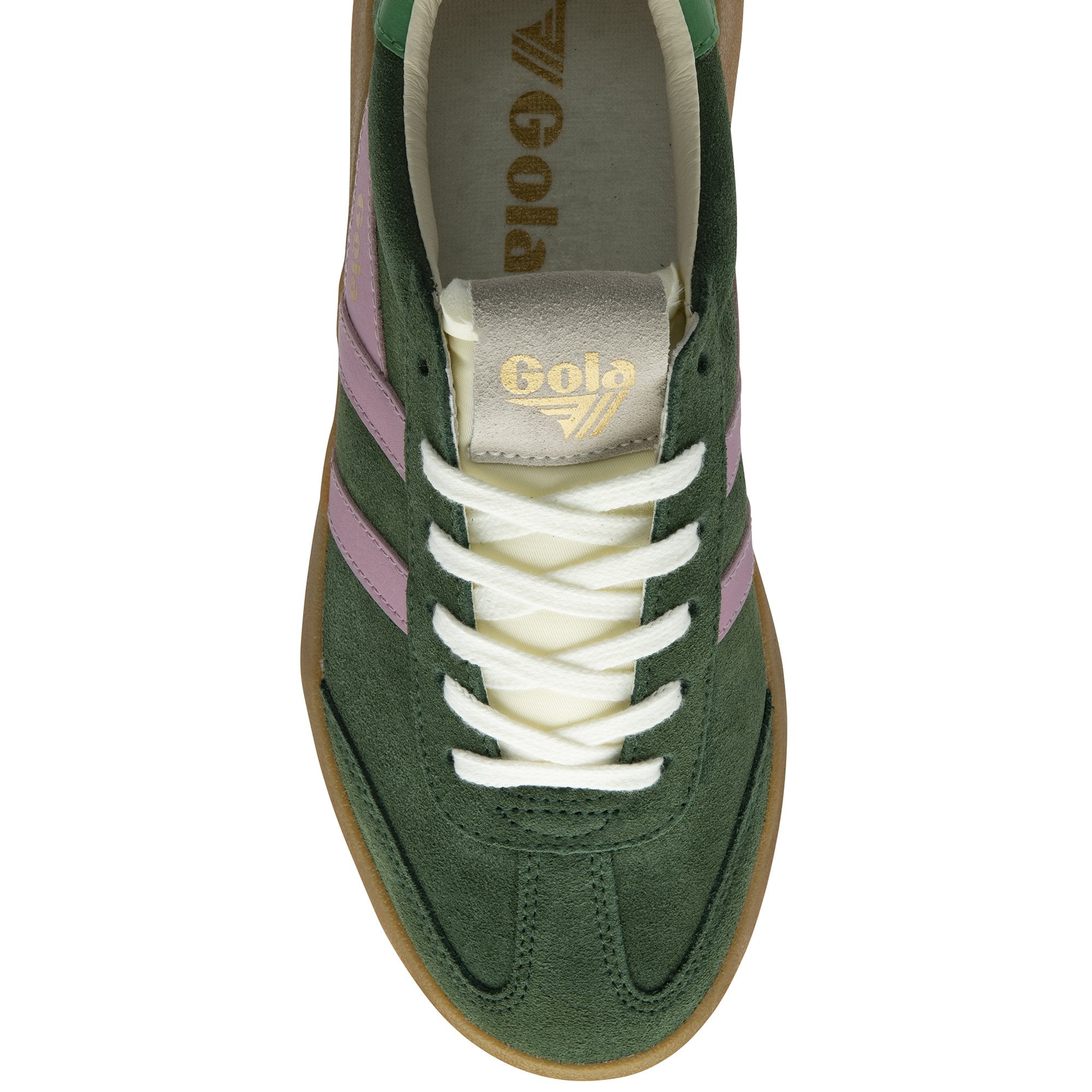 Top down view of a green and pink sneaker with white laces.