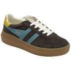 Angled view of a single brown Gola low-top sneaker with blue stripes and yellow heel detail.