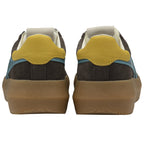 Back view of a pair of brown Gola low-top sneakers with yellow heel accents.