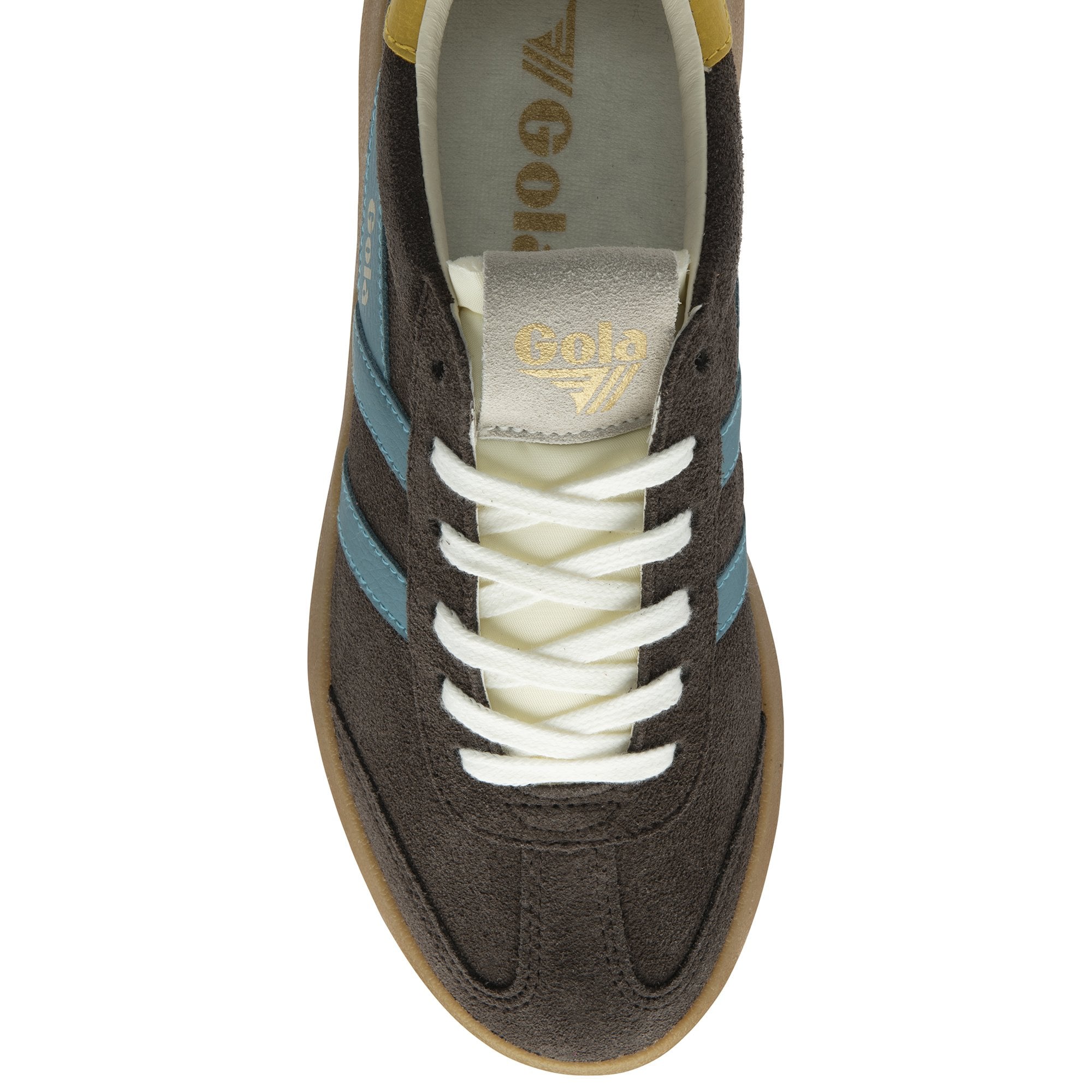 Top-down view of a single brown Gola low-top sneaker with blue stripes and white laces.