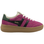 A single magenta Gola sneaker with black stripes and a tan sole, side view.
