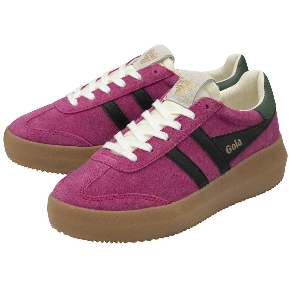 A pair of magenta Gola sneakers with black stripes and tan soles, angled view.