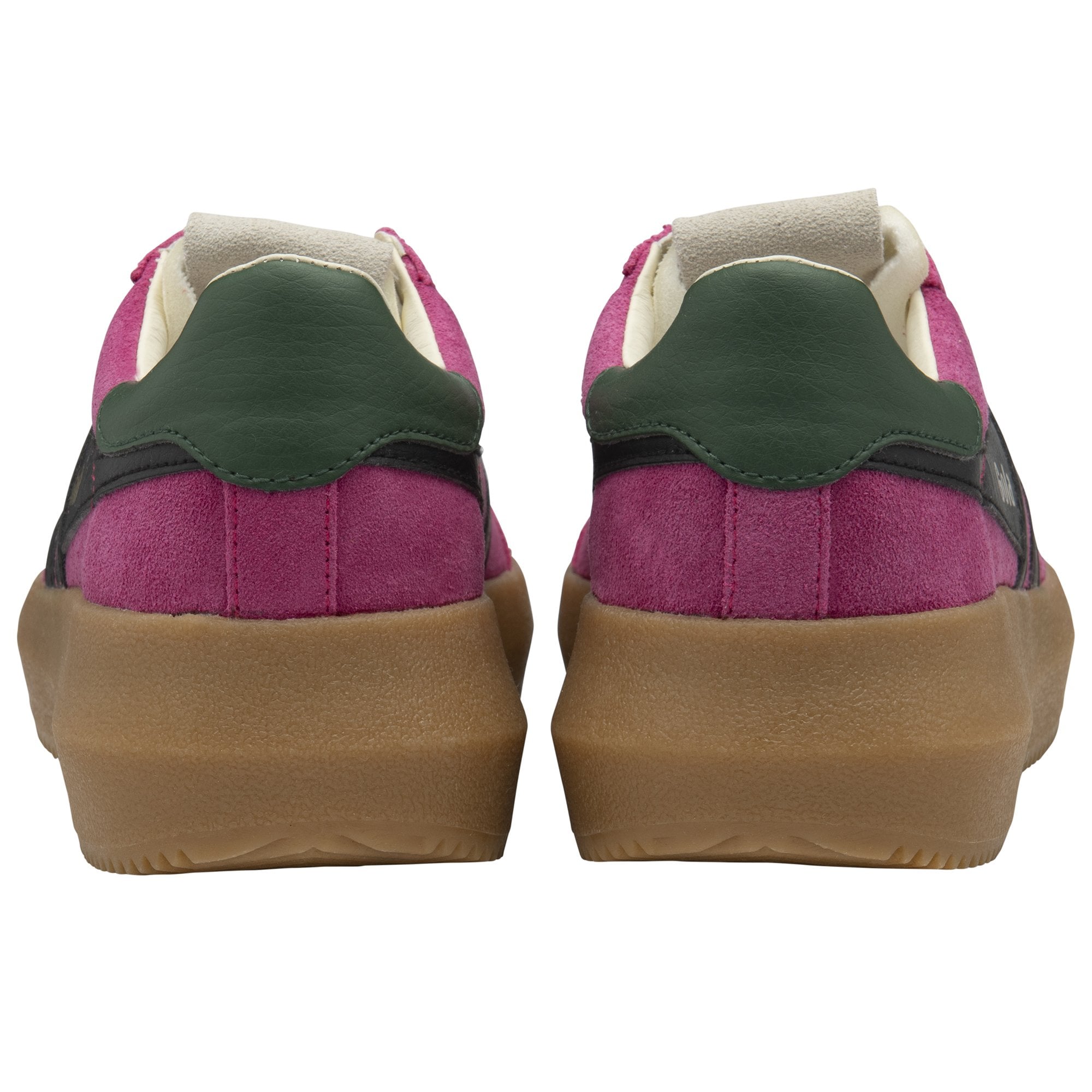 A pair of magenta Gola sneakers with black stripes and tan soles, back view.