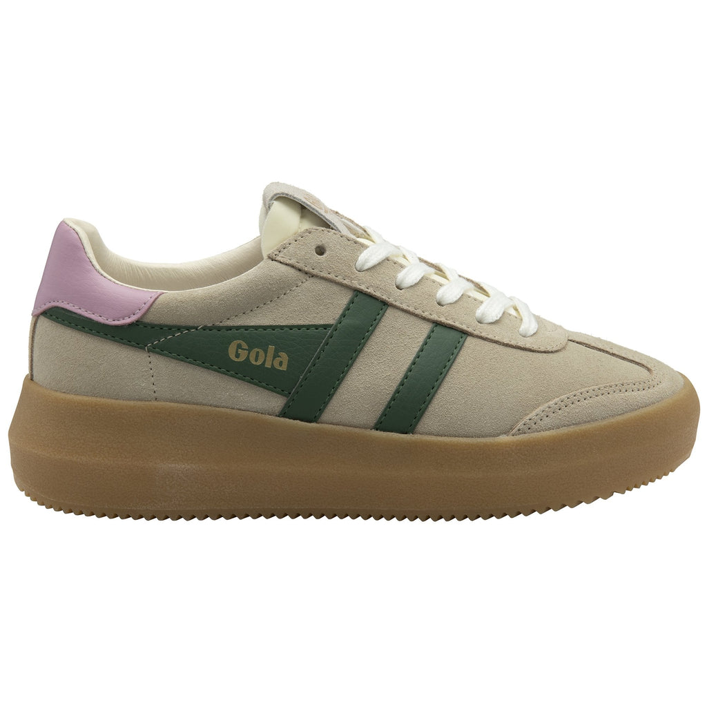 Right shoe, a sand-colored Gola sneaker with green stripes, purple heel accent, and gum sole.