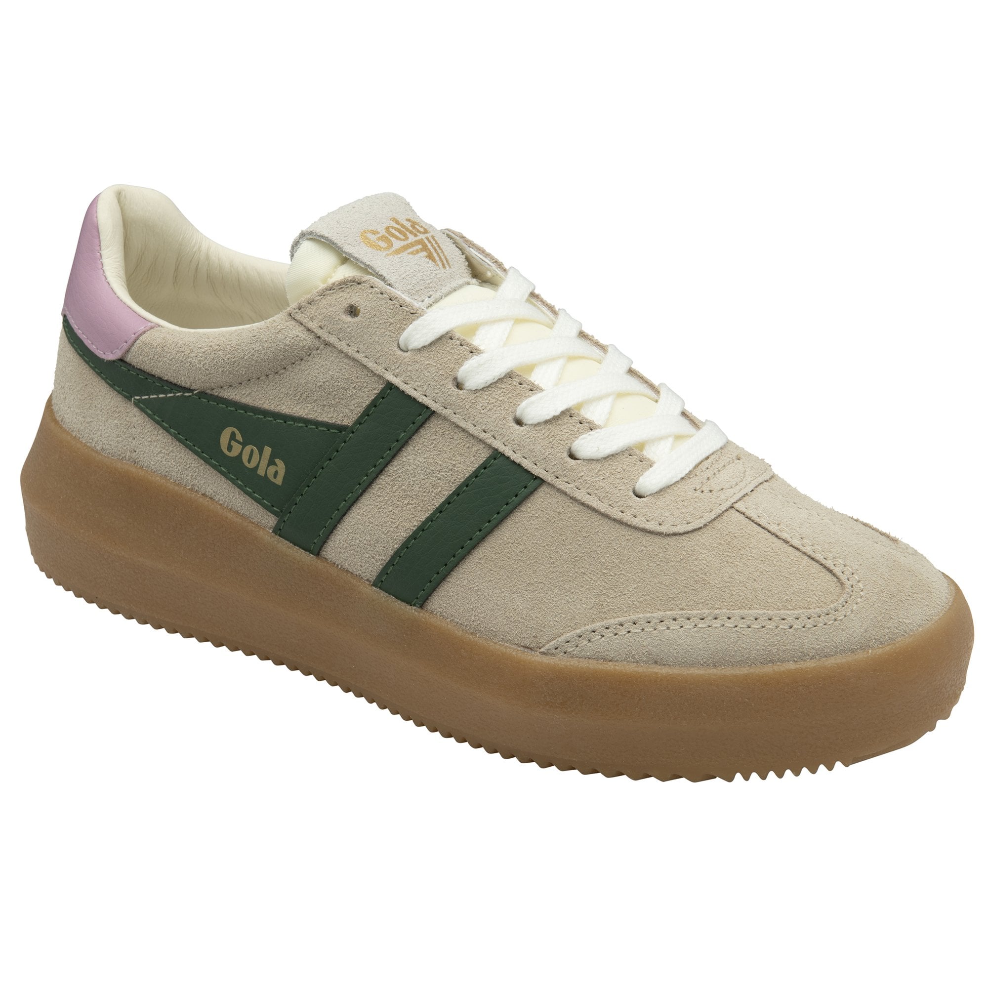 Left shoe, a sand-colored Gola sneaker with green stripes, purple heel accent, and gum sole.