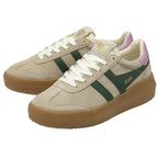 Pair of sand-colored Gola sneakers with green stripes, purple heel accents, and gum soles.