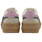 Back view of a pair of sand-colored Gola sneakers with purple heel accents.