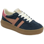 A single Gola low-top sneaker, positioned for a three-quarter view, featuring a navy blue suede upper.