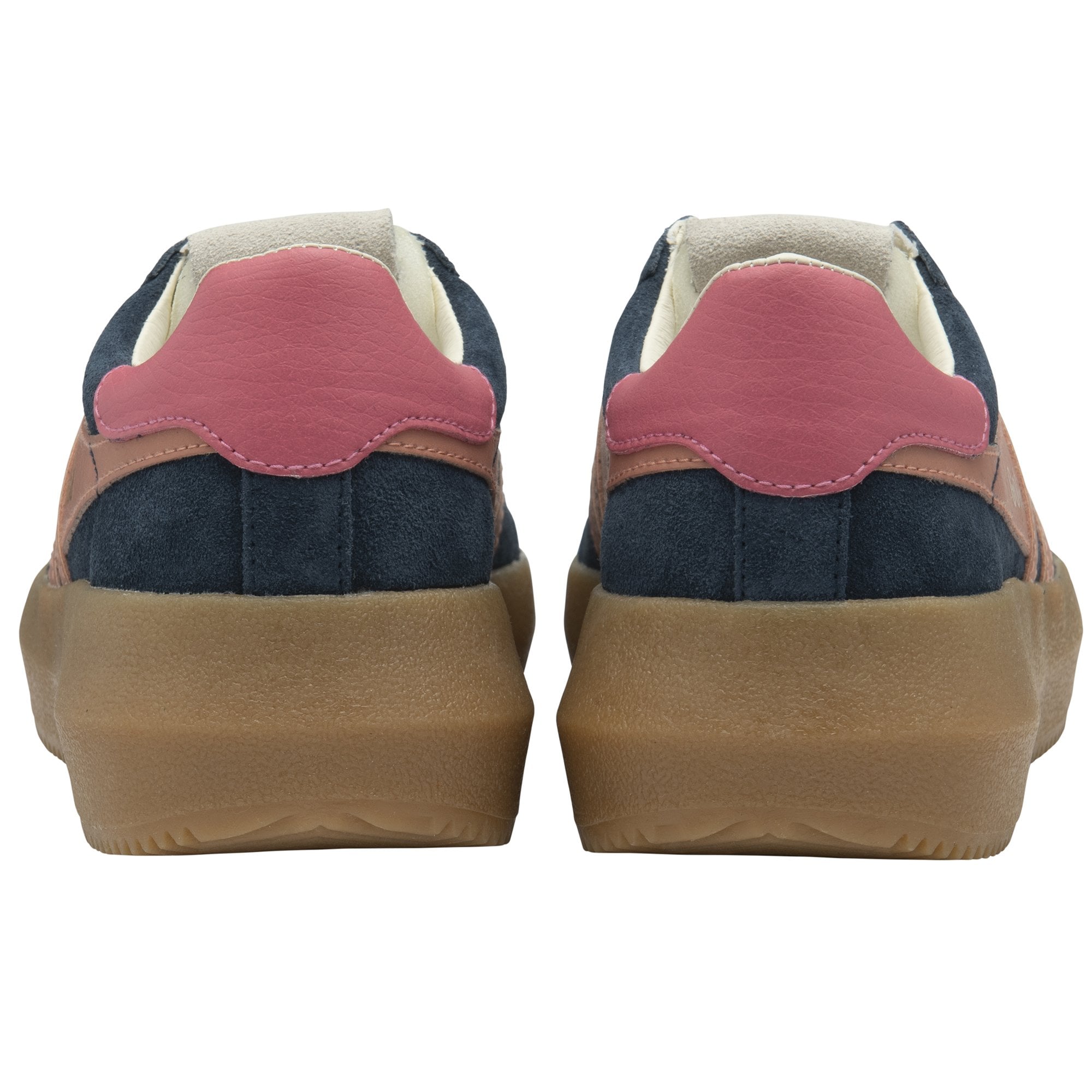 The back view of a pair of Gola low-top sneakers, showing the pink heel tabs.