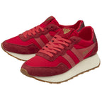 A pair of bright red Gola sneakers, with white soles and contrasting red suede details.