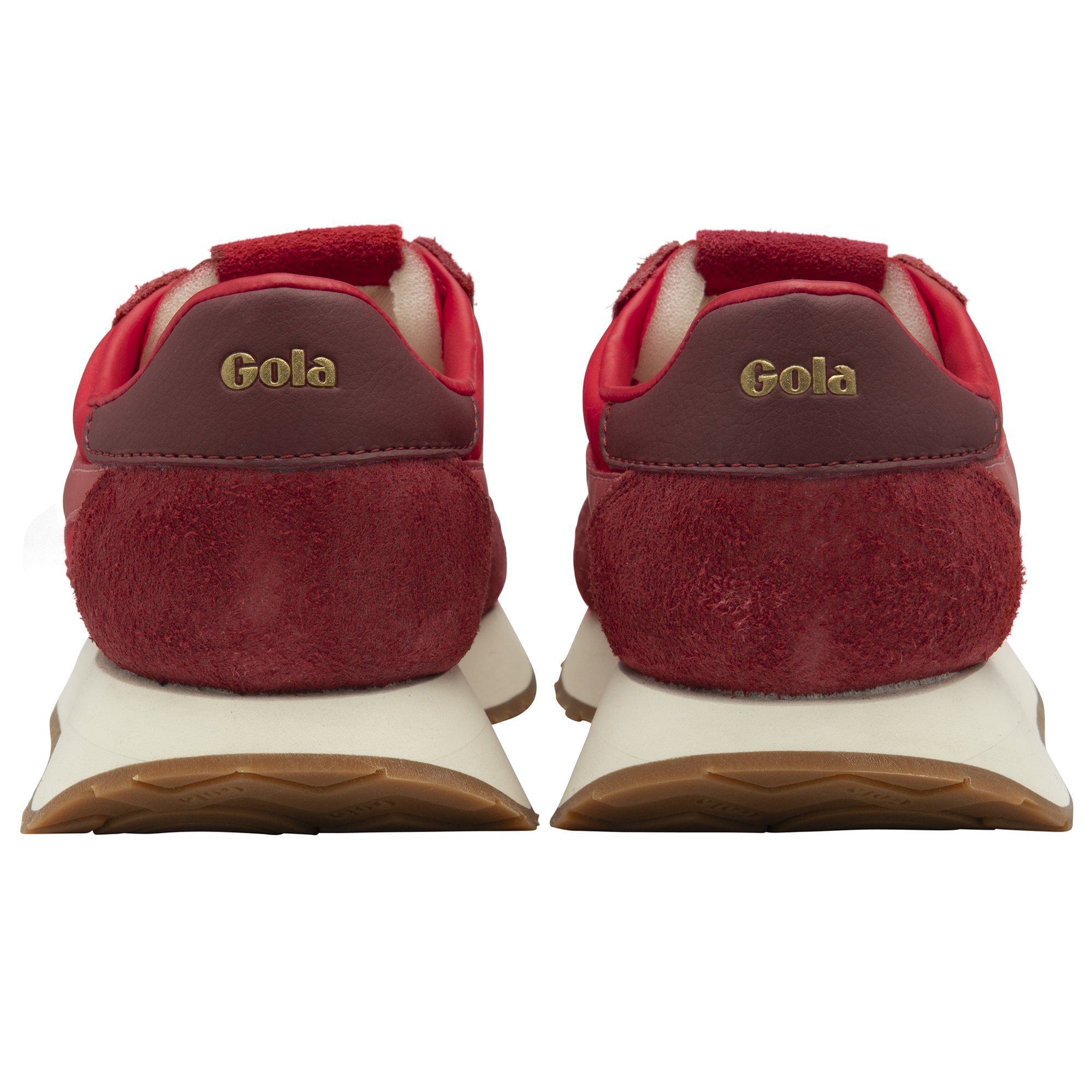 The rear view of two red Gola sneakers, showcasing the gold Gola logo on the heels.