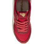 Top-down view of a red Gola sneaker, highlighting the gold logo on the tongue and laces.