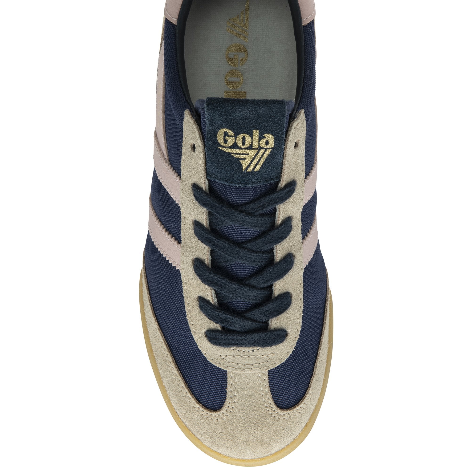 A single Gola women's trainer, navy with light pink and beige accents. Top view.
