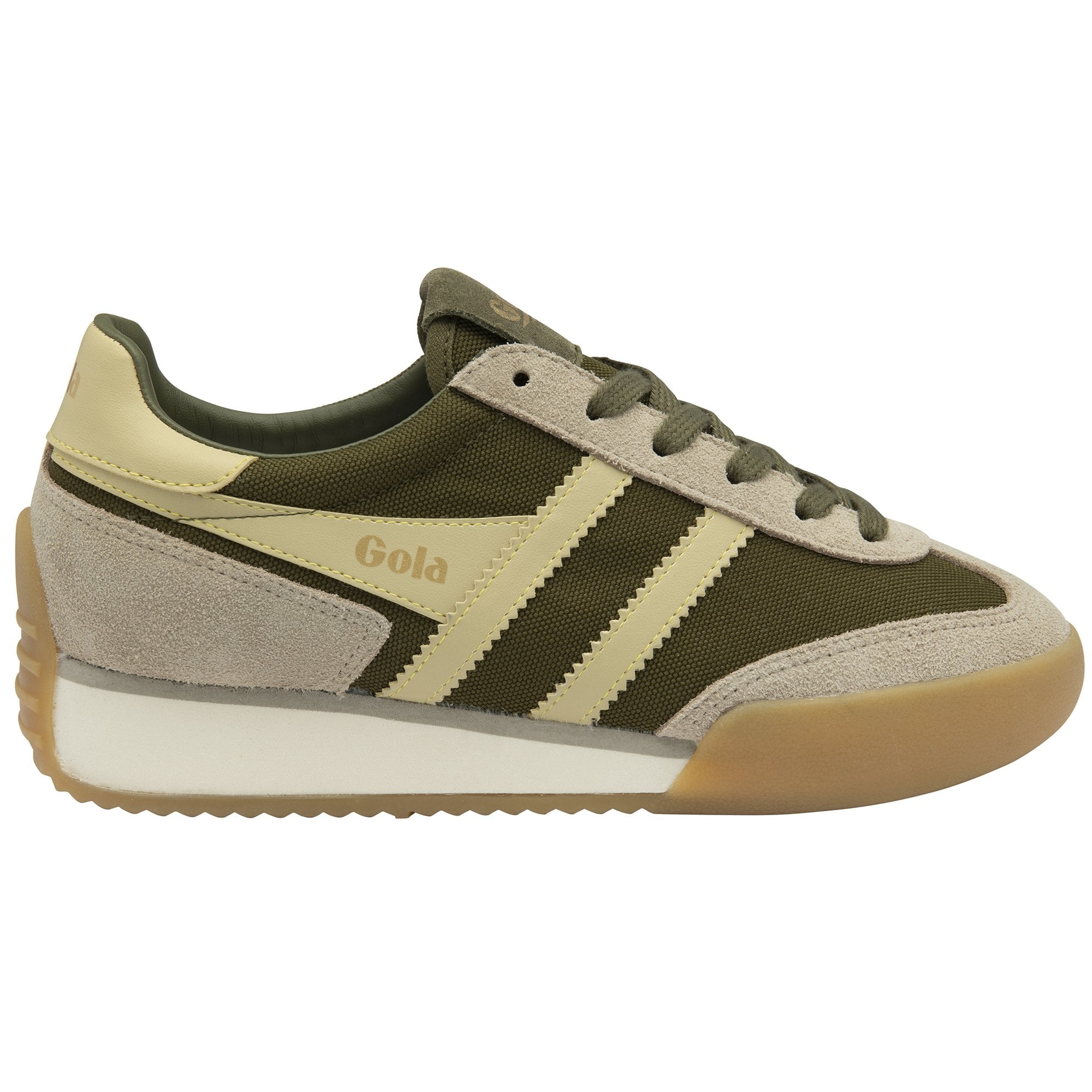 Side profile of a Gola men's Trainer in green and tan, showcasing the brand's iconic stripes.