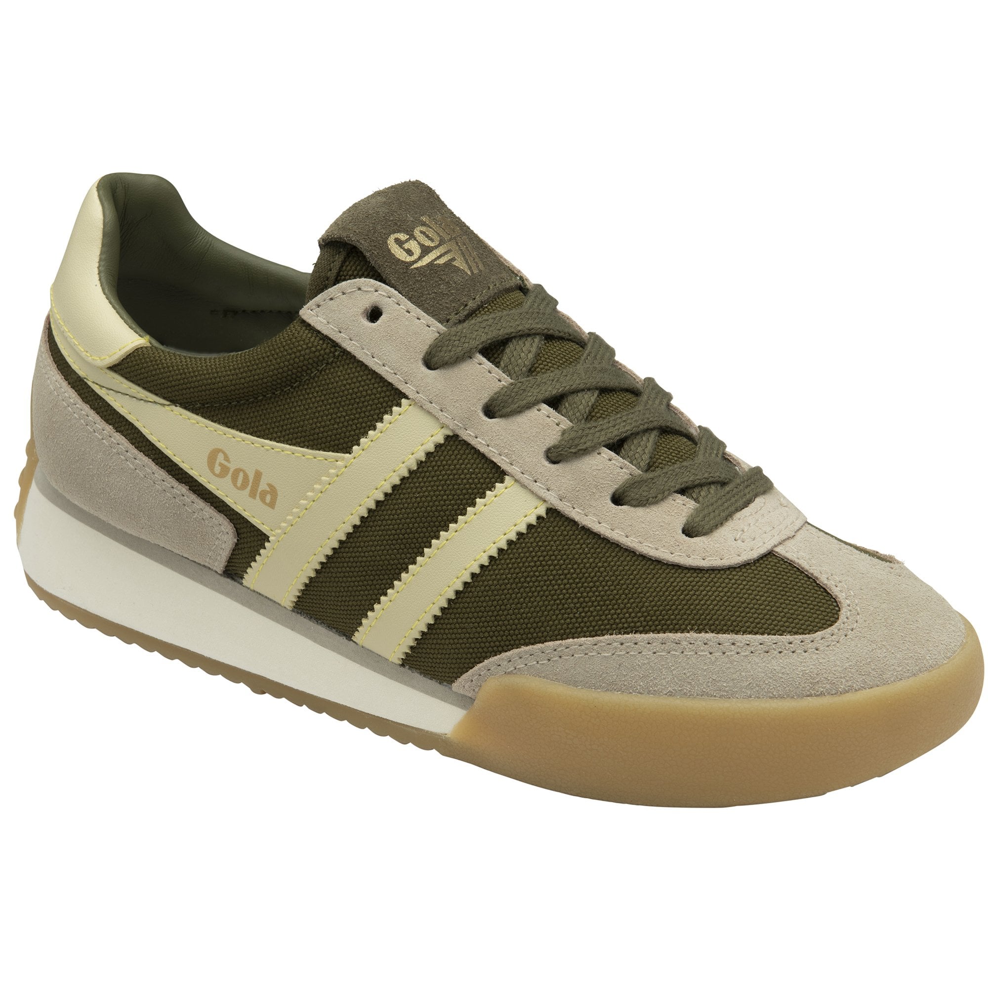 Angled view of a Gola men's Trainer in green and tan, highlighting its classic design.