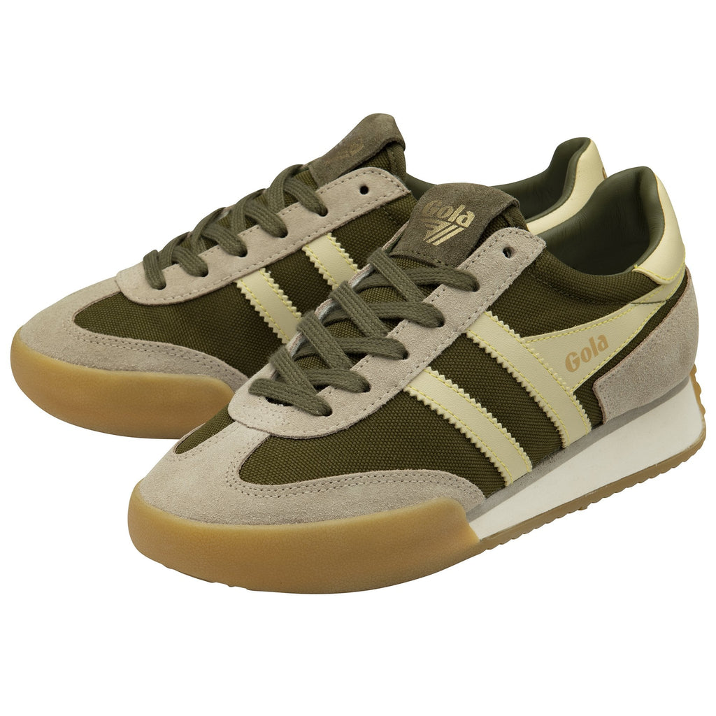 Pair of Gola men's Trainers in green and tan, presented from a slightly elevated angle.