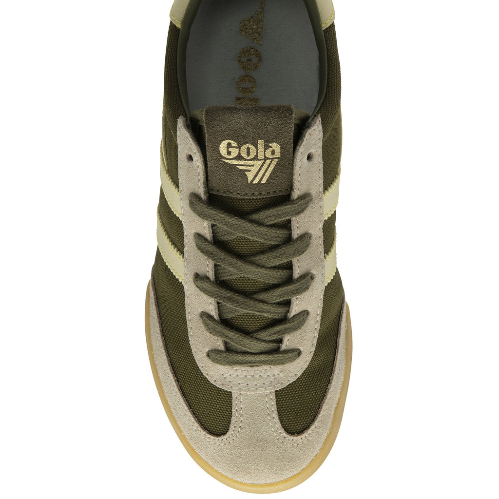 Top-down view of a Gola men's Trainer in green and tan, emphasizing the laces and logo.