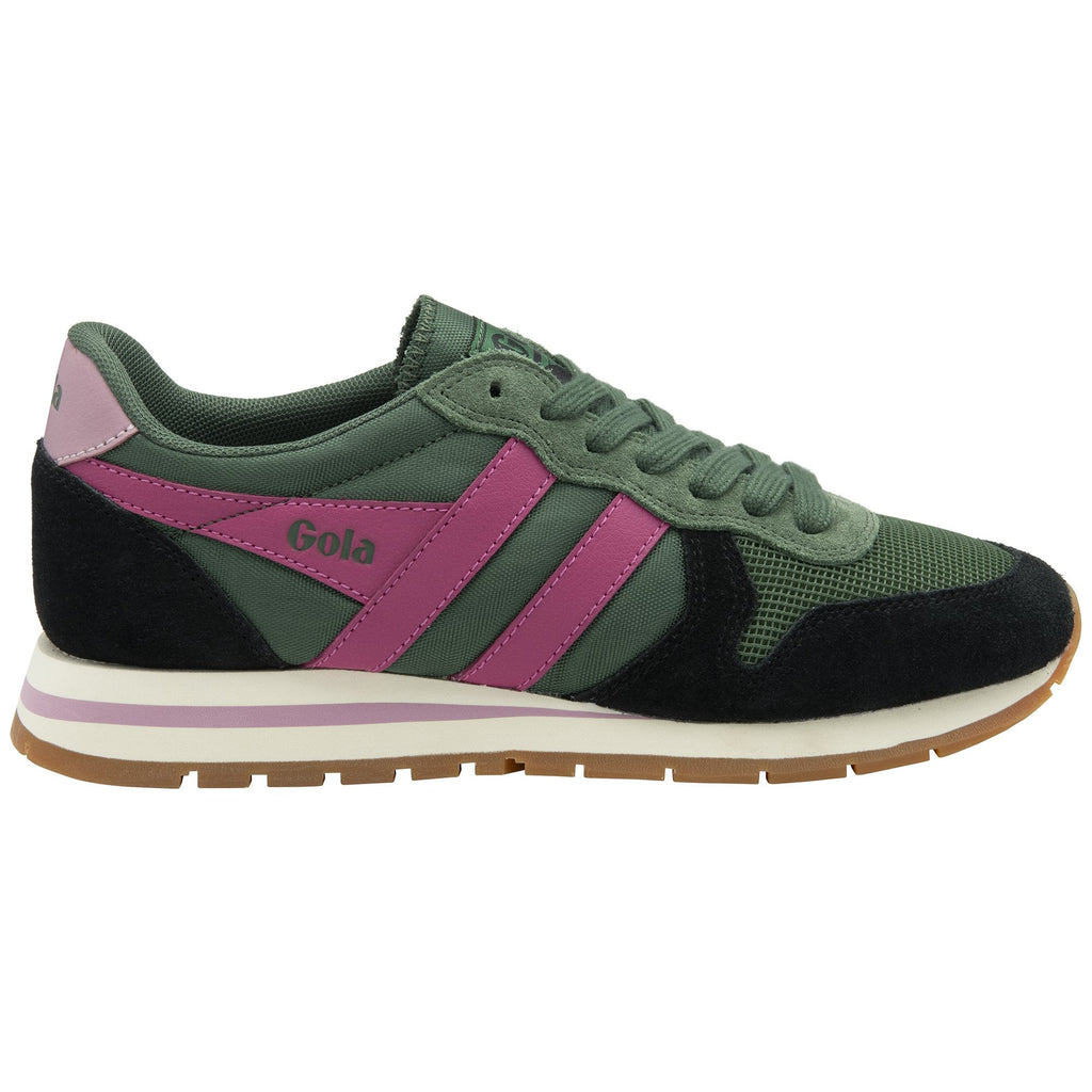 Side profile of a Gola shoe with a green, black, and pink color scheme.