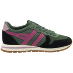 Side profile of a Gola shoe with a green, black, and pink color scheme.