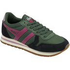 Angled view of a Gola shoe featuring a green, black, and pink design.