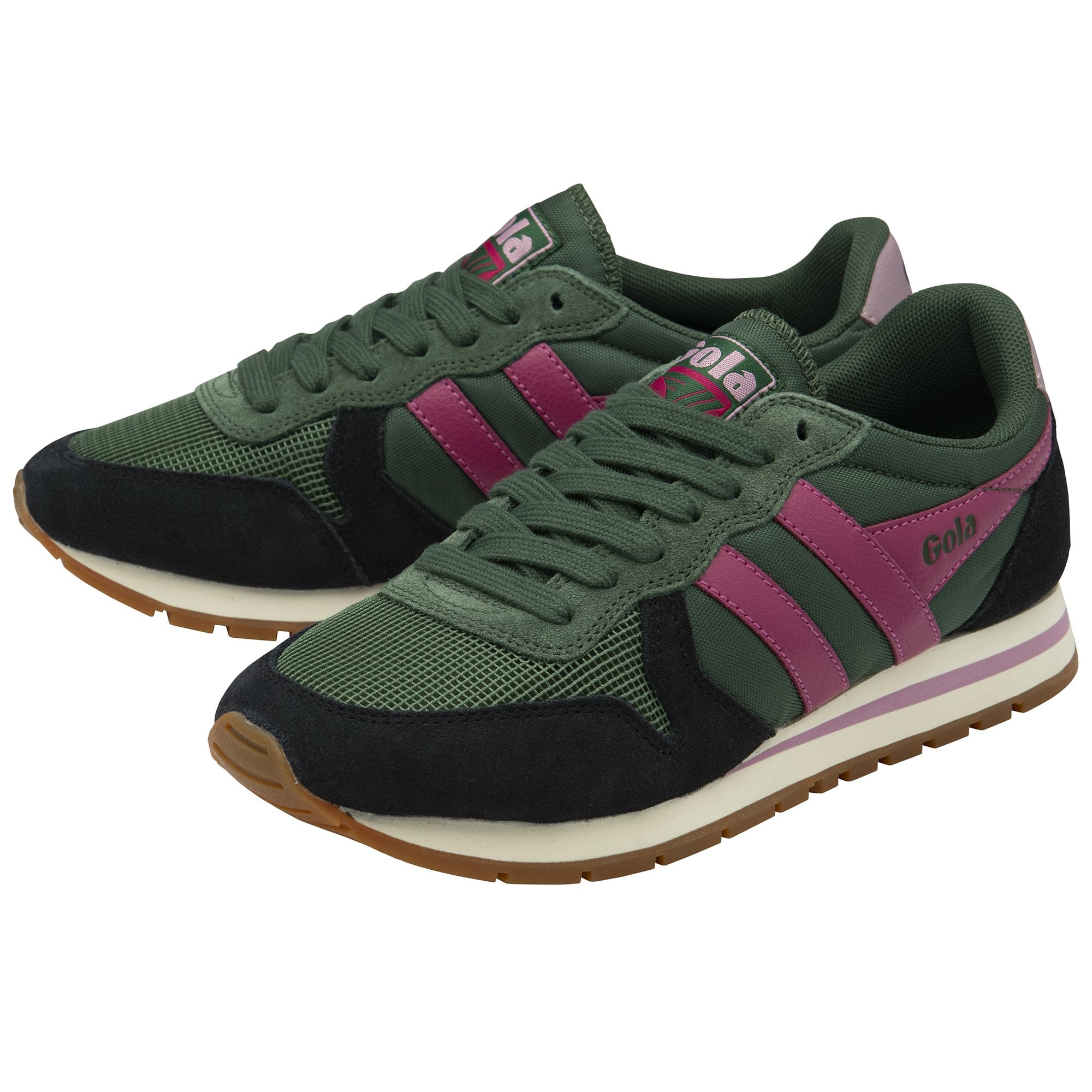 A pair of Gola shoes in green, black, and pink with the classic stripe design.