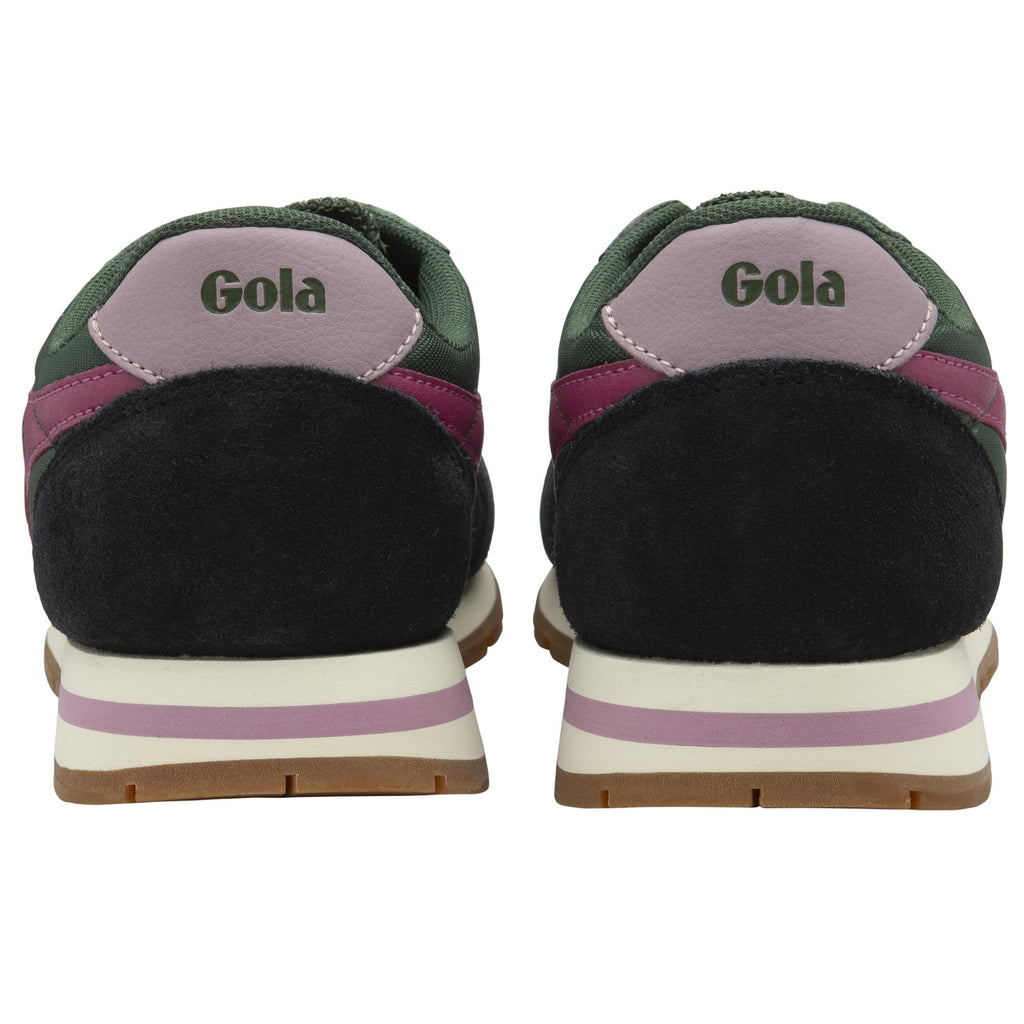 Rear view of two Gola shoes showcasing the green, black, and pink color details.