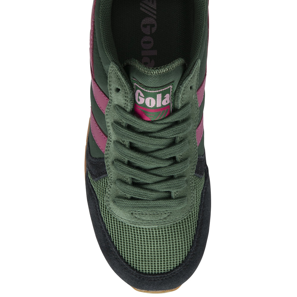 Top-down view of a single Gola shoe in green, black, and pink, highlighting the laces.