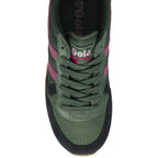Top-down view of a single Gola shoe in green, black, and pink, highlighting the laces.