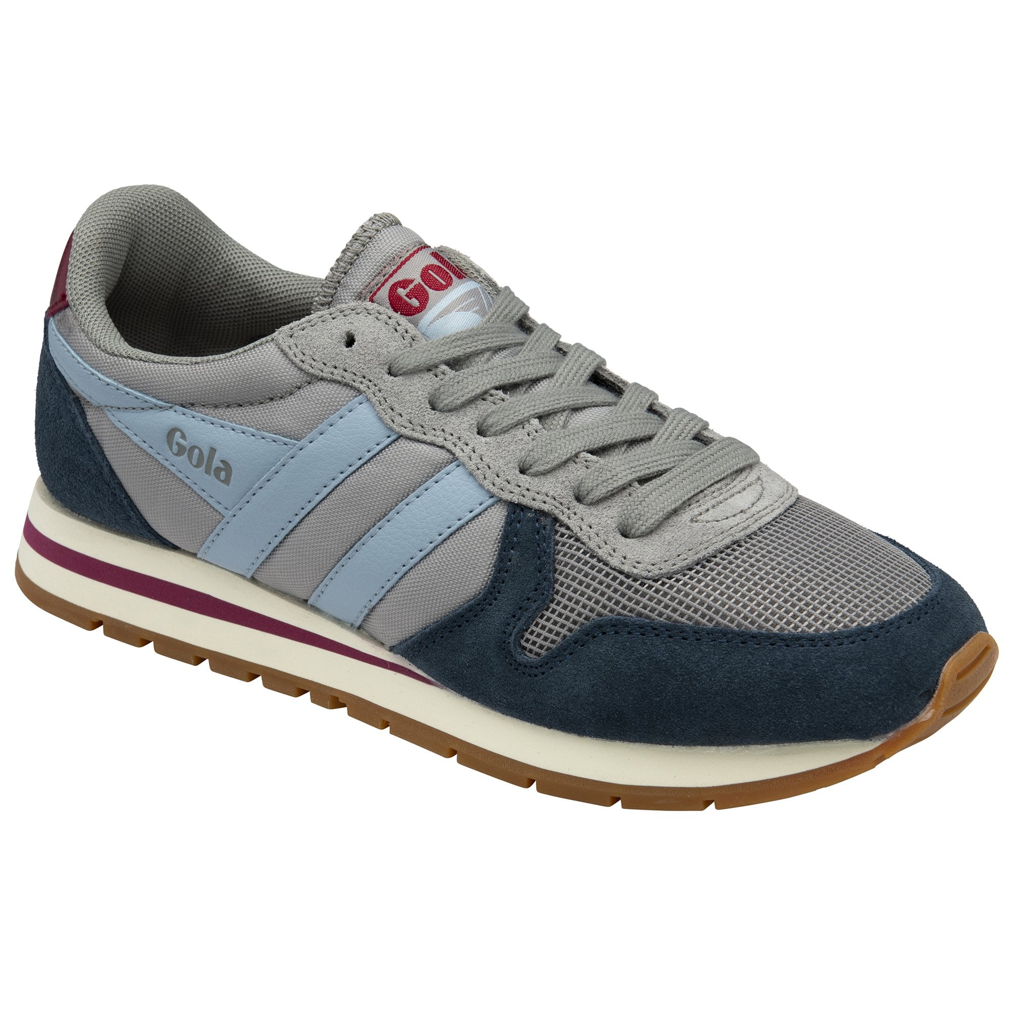 Angled view of a single Gola men's sneaker, showcasing its gray, blue, and burgundy colors.