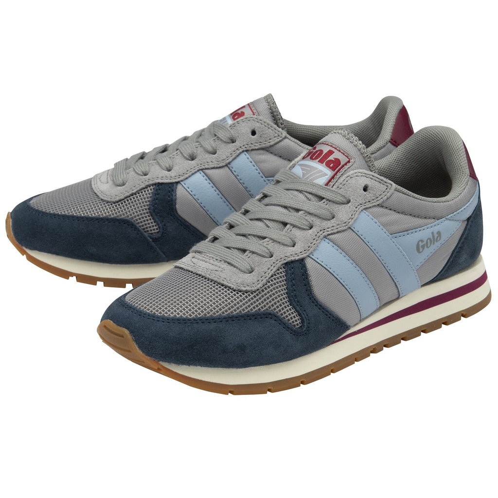 Pair of Gola men's sneakers in gray, blue, and burgundy, viewed from an angle.