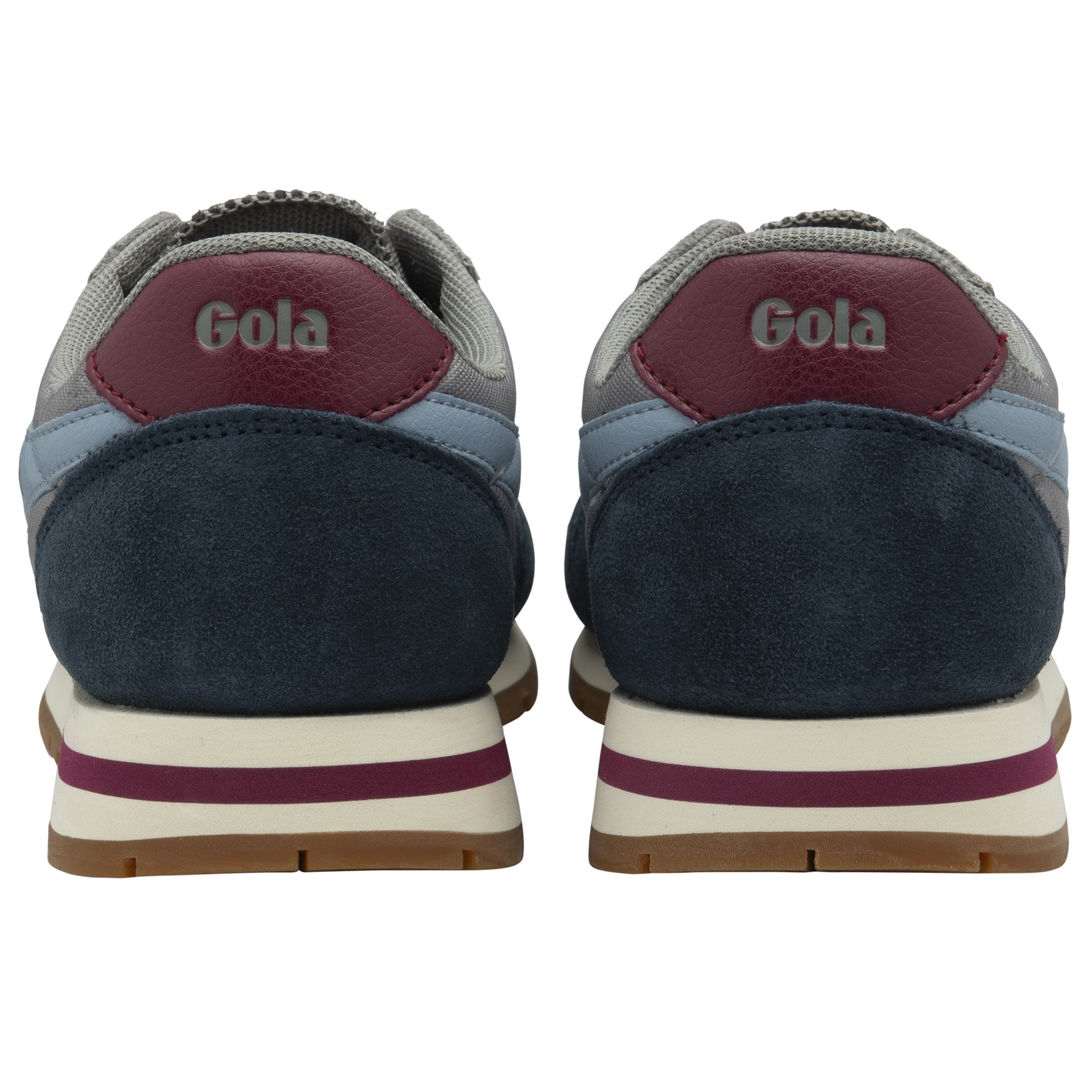 Rear view of a pair of Gola men's sneakers, highlighting the burgundy heel tabs.
