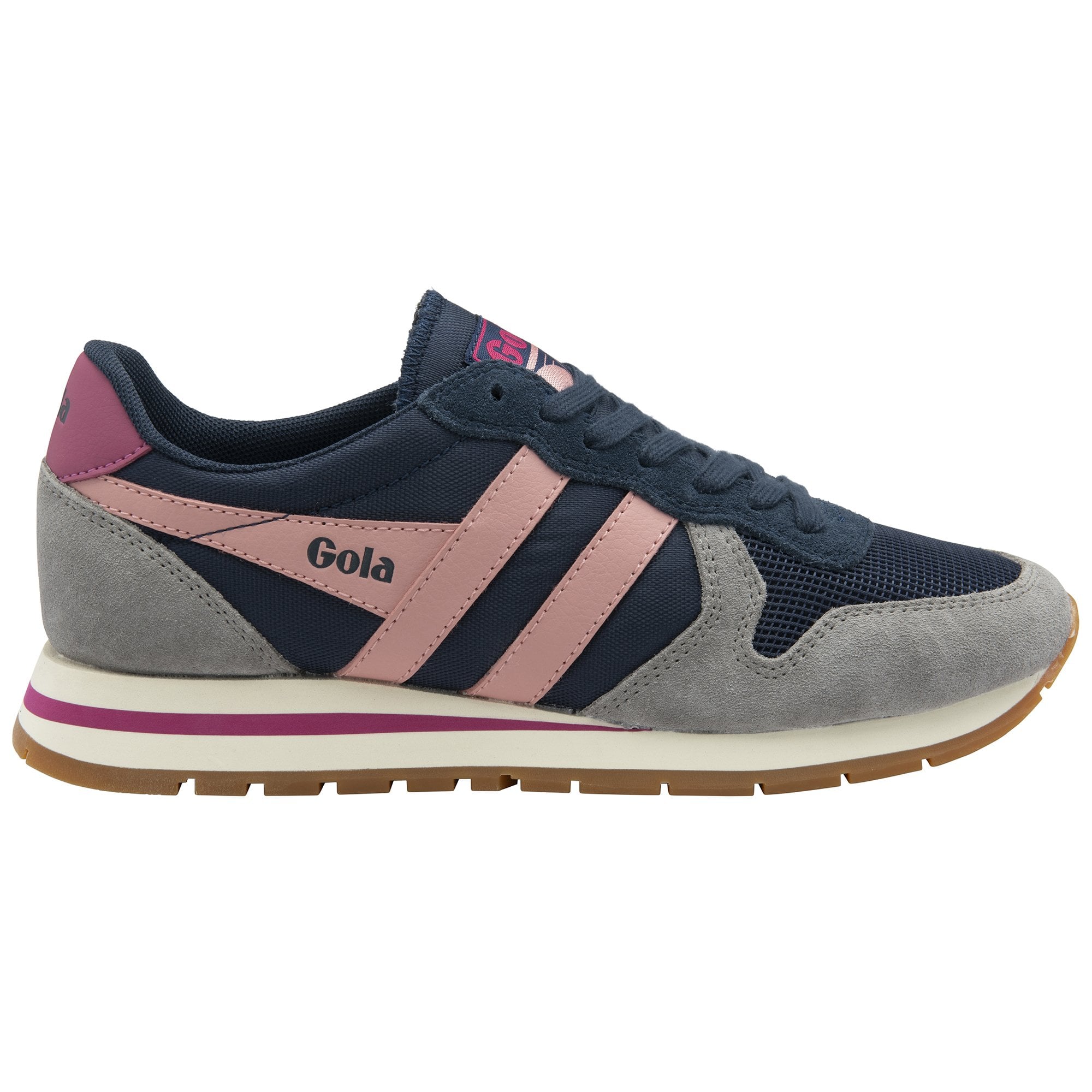 Side profile of a Gola women's trainer in navy, pink, and gray.