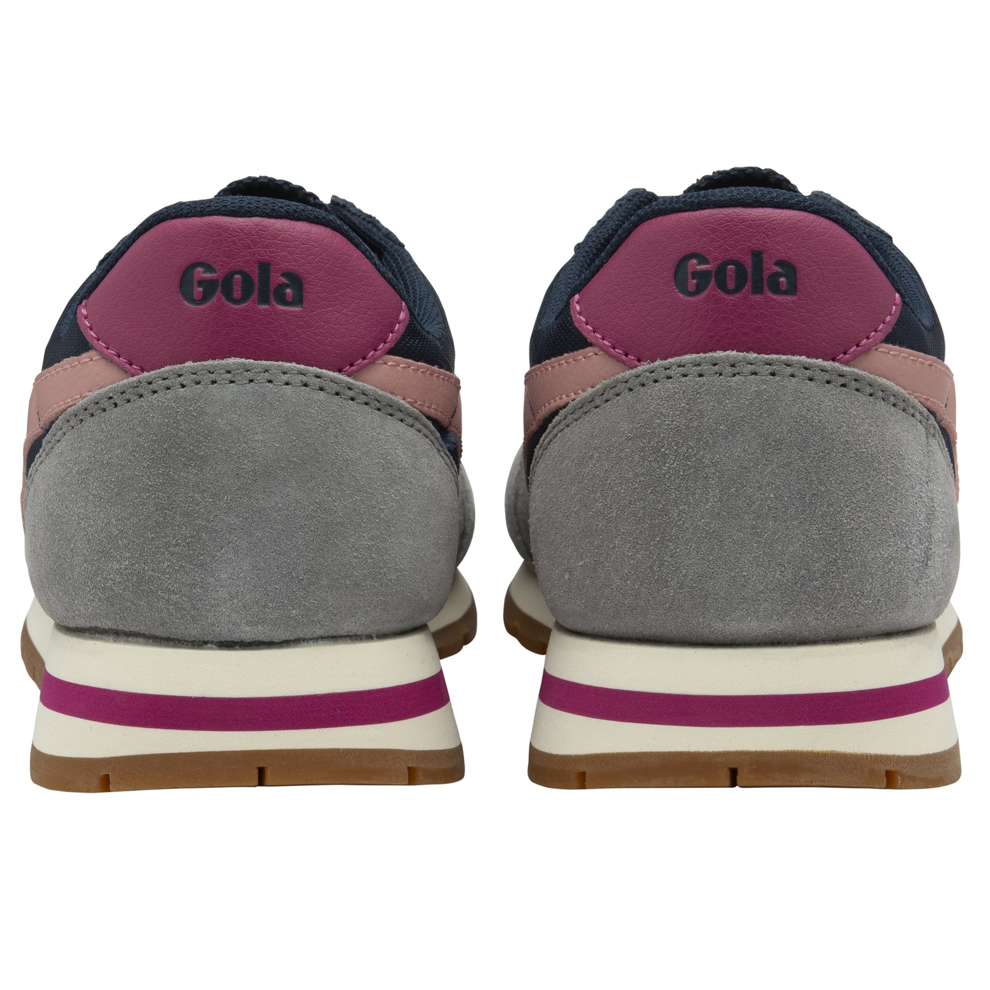 Rear view of a pair of Gola women's trainers in navy, pink, and gray.
