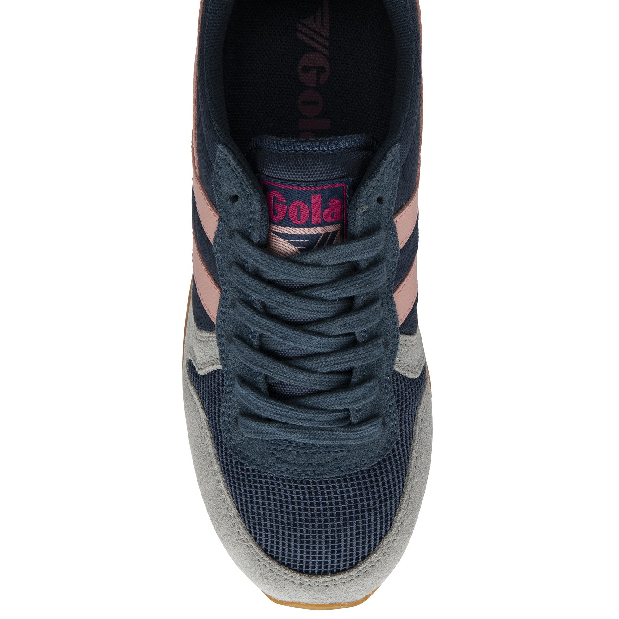 Top down view of a Gola women's trainer in navy, pink, and gray.