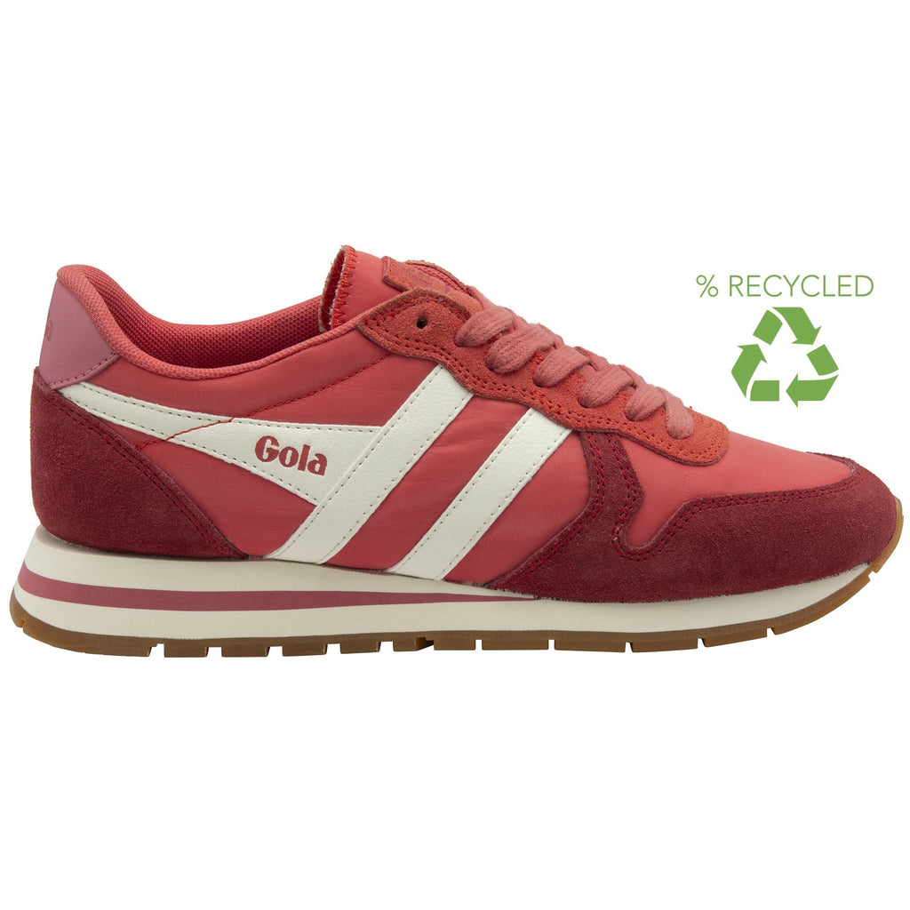 A recycled logo next to a red Gola trainer. 