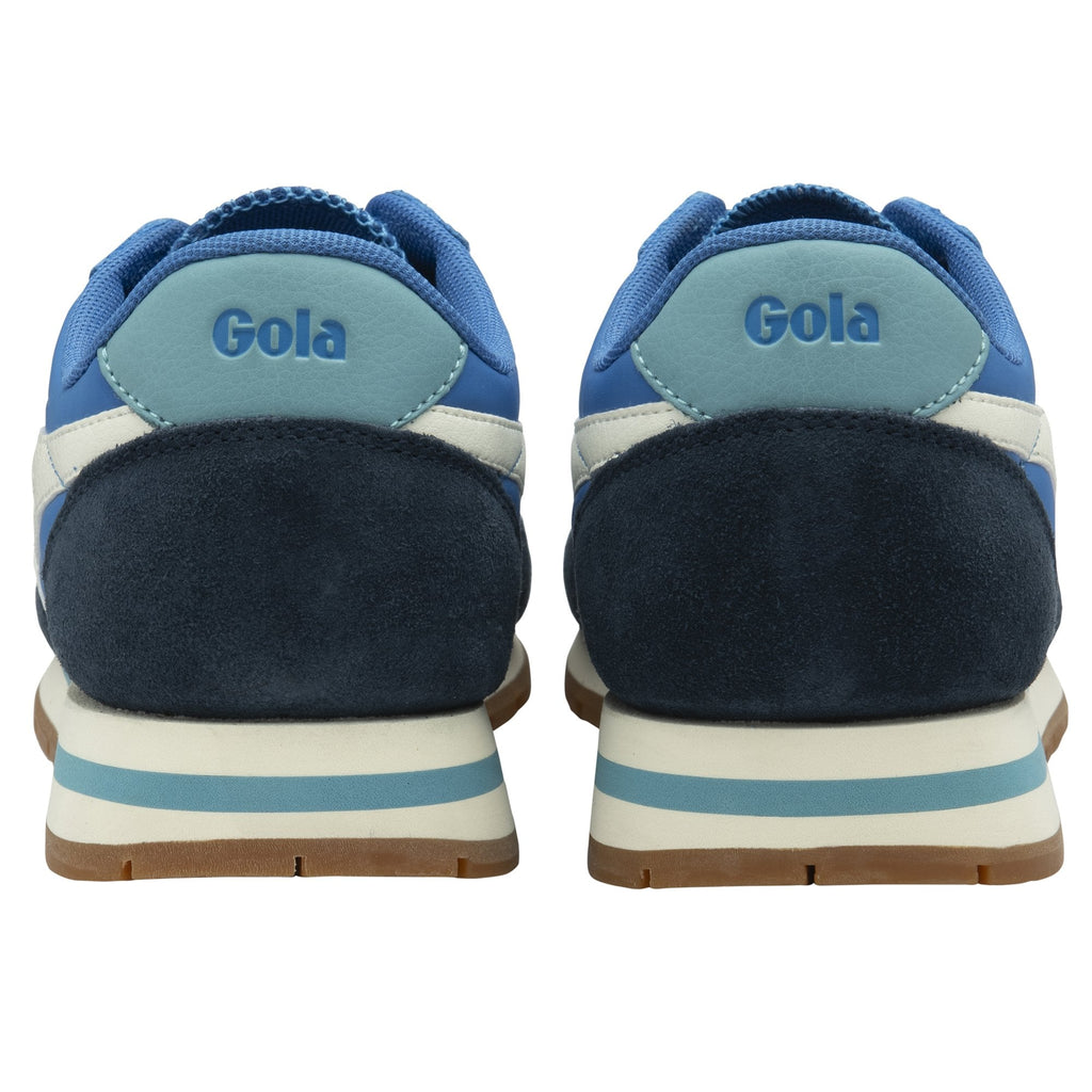 A pair of blue, navy, and white Gola unisex sneakers shown from the back.
