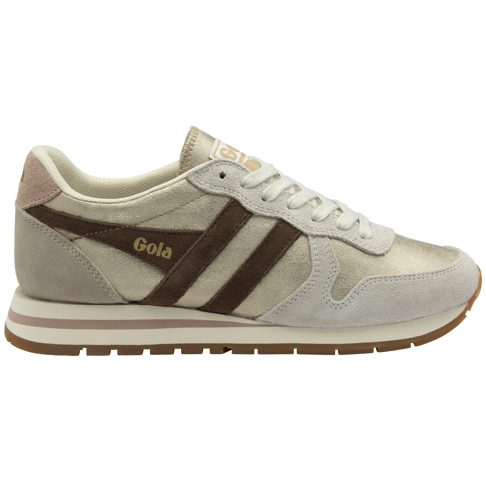 A women's Gola sneaker in cream, tan, and dark brown, angled to the left.
