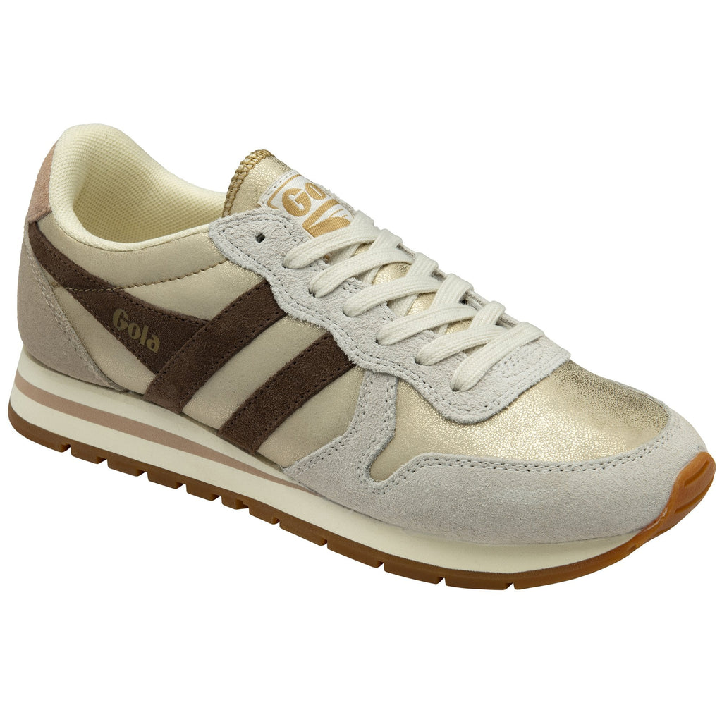 A women's Gola sneaker in cream, tan, and dark brown, angled to the right.