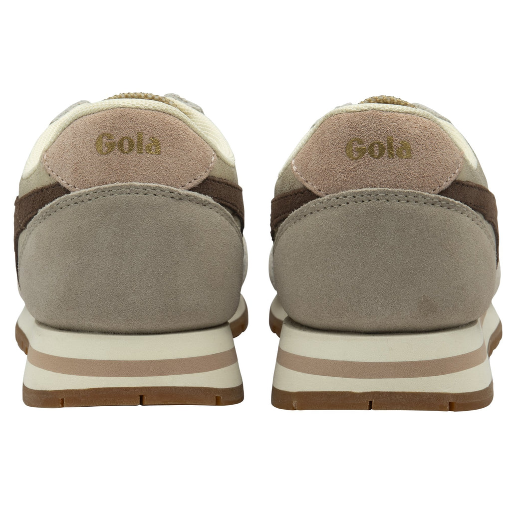 The back of a pair of women's Gola sneakers in cream, tan, and dark brown.