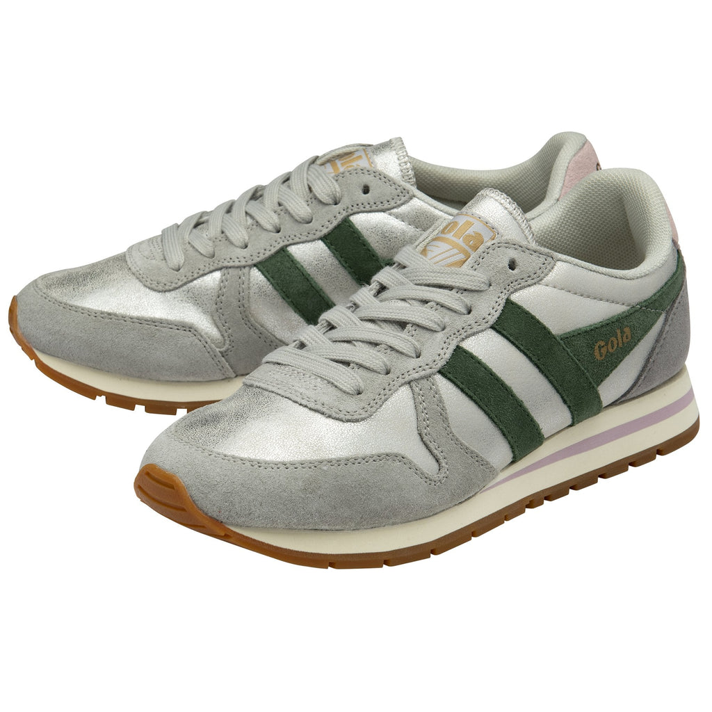 A pair of Gola women's trainers in silver with green stripes and a pale pink heel.